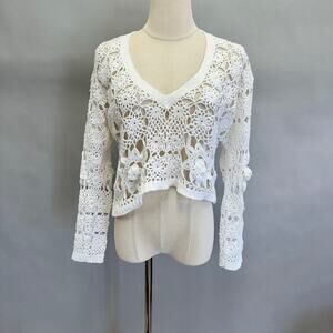 Vintage 90s‎ white open crochet knit long sleeve top size Small Hippie Boho